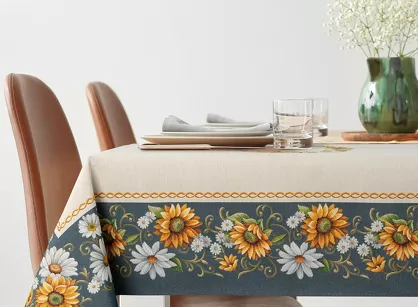 Obrus gobelinowy 140x180 45 niebieski z wzorem kolorowych słoneczników