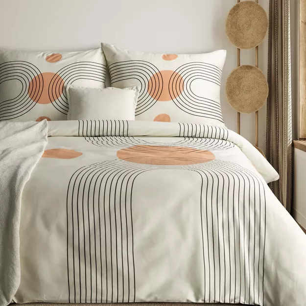 Pościel satynowa 140x200 SPRING 87 jasny beż pomarańcz z wzorem geometrycznym z kolekcji Classic