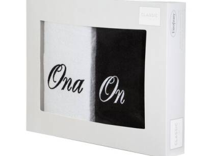Komplet ręczników 2x70x140 ON ONA białe czarne haftowane w kartonowym pudełku
