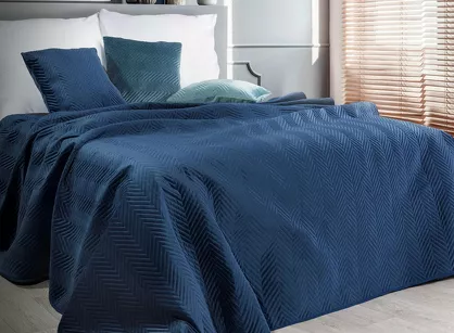 Narzuta welwetowa 230x260 SOFIA granatowa pikowana w gęstą jodełkę