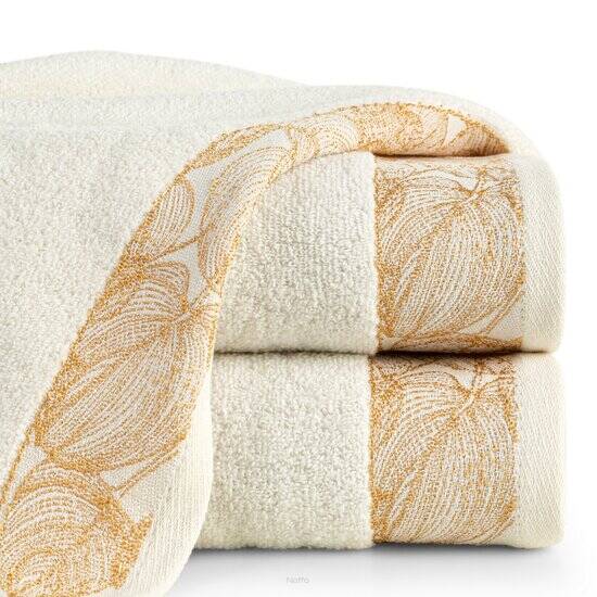 Ręcznik bawełniany 70x140 AGIS kremowy puszysty z żakardową bordiurą liści lilii wodnej
