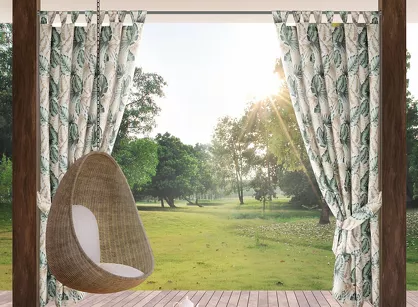 Zasłona na taras 155x240 GARDEN 7 beżowa na szelkach zapinanymi na rzepy wodoodporna z motywem liści monstery