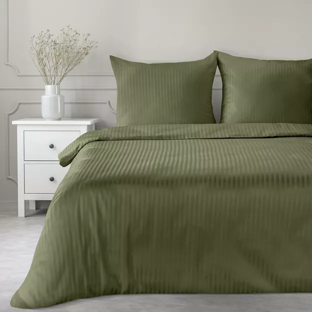 Pościel satynowa 140x200 VERA jednokolorowa gładka oliwkowa w prążki