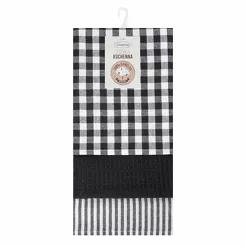 Komplet ścierek kuchennych 3x50x70 LUCY czarne w pasy i kratkę z bawełny