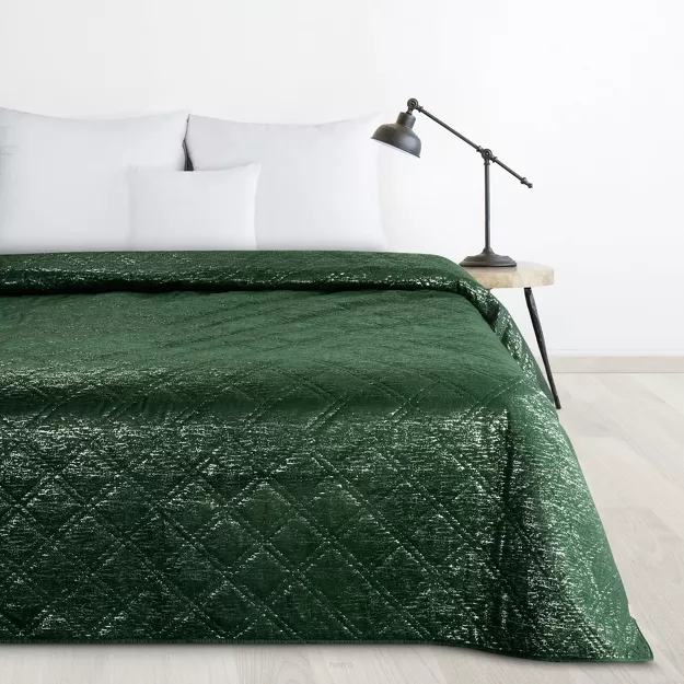 Narzuta welwetowa 220x240 LUIZ zielona błyszcząca srebrny przecierany wzór
