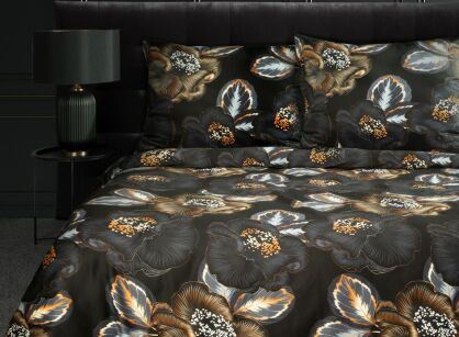 Pościel z makosatyny 160x200 PEONIA 2 czarna zdobiona nadrukiem kwiatów piwonii Limited Collection