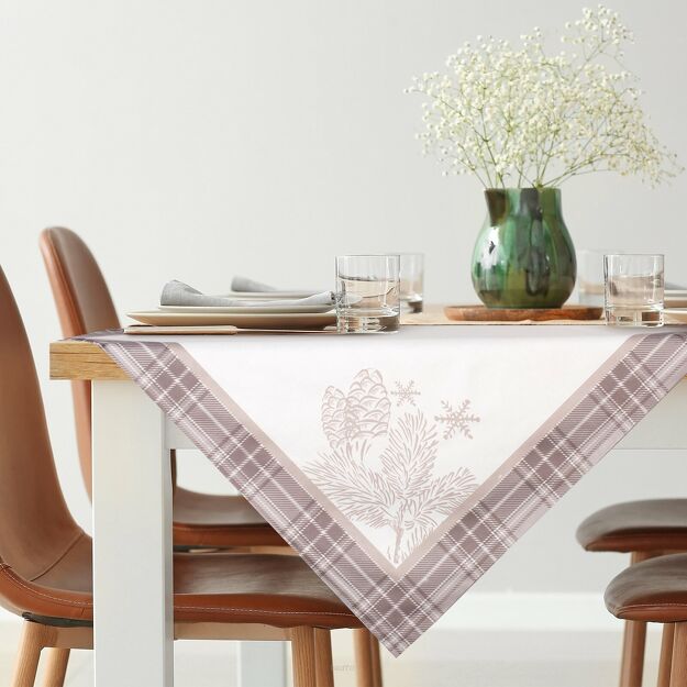 Nakładka świąteczna 85x85 HOLLY welwetowa beżowa biała w kratkę z nadrukiem gałązek