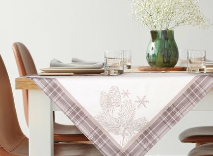 Nakładka świąteczna 85x85 HOLLY welwetowa beżowa biała w kratkę z nadrukiem gałązek