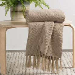 Koc 130x170 MILO beżowy jednokolorowy tkany z frędzlami