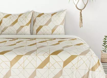 Pościel z mikrowłókna 140x200 AGGIE biała złoty wzór geometryczny Design 91
