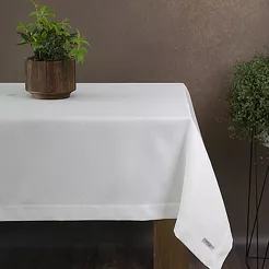 Obrus elegancki 140x240 ELLEN biały w drobne kropeczki z ozdobną listwą połyskujący srebrną nicią