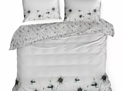 Pościel z satyny 160x200 PREMIUM 22 biała z wzorem szarobeżowych kwiatów z kolekcji Premium