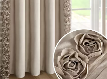 Zasłona na taśmie 140x270 ROSES Eva Minge welwetowa ciemny beż aplikacja róż 3D
