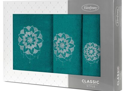 Komplet ręczników 3 szt. LOTUS ciemny turkus z haftowanym srebrnym wzorem kwiatu lotosu w kartonowym pudełku