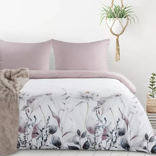 Pościel z mikrowłókna 220x200 VERANO 9 biała wrzosowa wzór kwiatowy Design 91