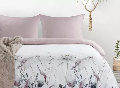 Pościel z mikrowłókna 220x200 VERANO 9 biała wrzosowa wzór kwiatowy Design 91