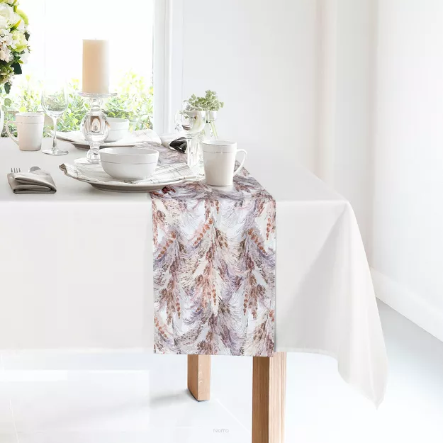 Obrus 140x180 z bieżnikiem 33x180 ANITA 4 biały z wzorem trawy pampasowej