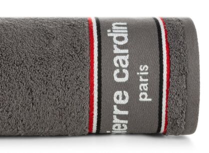 Ręcznik KARL 70x140 KARL Pierre Cardin srebrny zdobiony kontrastową bordiurą z napisami Pierre Cardin