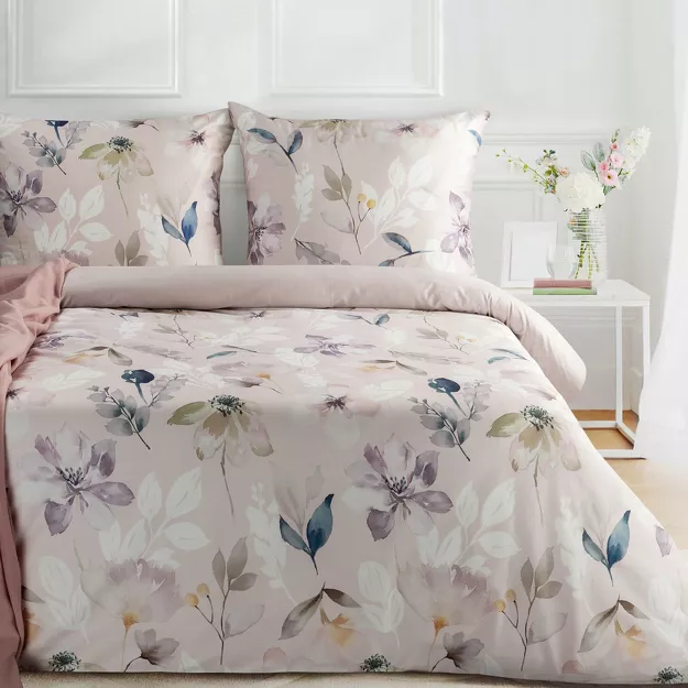 Pościel z makosatyny 160x200 PREMIUM 33 biała jasny różowy kwiatowy wzór Premium