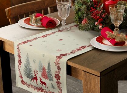 Bieżnik świąteczny 45x140 1159 kremowy czerwony z gobeliny