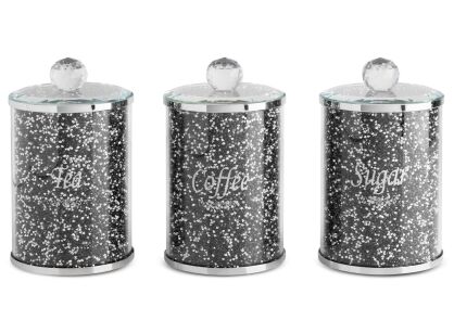 Pojemniki dekoracyjne szklane fi 10x17 VENTOSA srebrno czarne z kryształkami 3 szt.