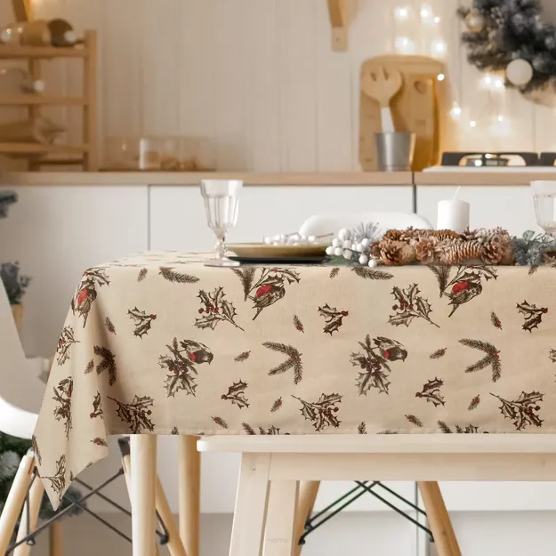 Obrus świąteczny 140x200 MELODY beżowo brązowy bawełniany w świąteczny wzór