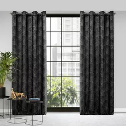 Zasłona gotowa na przelotkach 140x250 GOJA zaciemniająca Pierre Cardin czarna z modnym motywem złotych liści miłorzębu