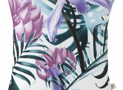Poszewka 40x40 MALIBU biała różowa z nadrukiem ciemno zielonych egzotycznych liści Design 91