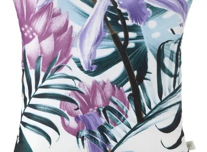 Poszewka 40x40 MALIBU biała różowa z nadrukiem ciemno zielonych egzotycznych liści Design 91
