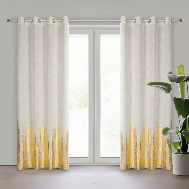 Zasłona na przelotkach 135x250 IMANI naturalna w stylu eko ze złotym nadrukiem z domieszką lnu