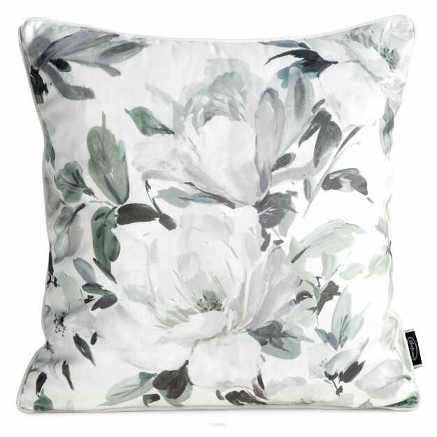 Poszewka welwetowa 45x45 LOTI biała oliwkowa nadruk kwiatowy obszyta lamówką
