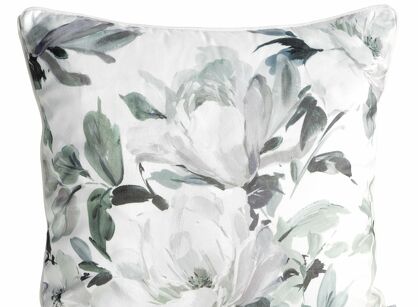 Poszewka welwetowa 45x45 LOTI biała oliwkowa nadruk kwiatowy obszyta lamówką