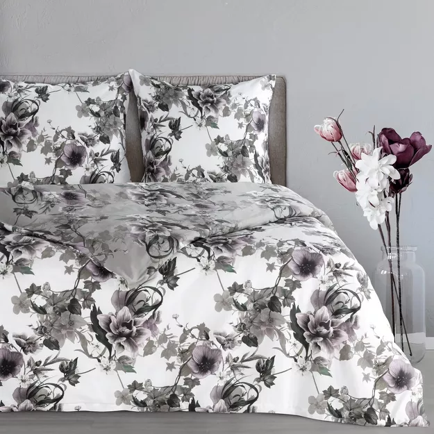 Pościel satynowa 140x200 NIKA 54 popielata z motywem roślinnym z kolekcji Nova Print