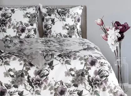 Pościel satynowa 140x200 NIKA 54 popielata z motywem roślinnym z kolekcji Nova Print
