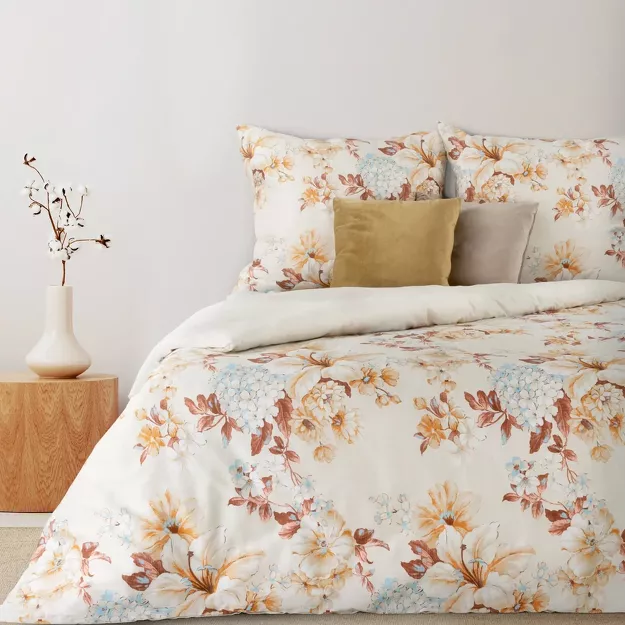 Pościel satynowa 220x200 NELLY 6 kremowa z motywem kwiatowym