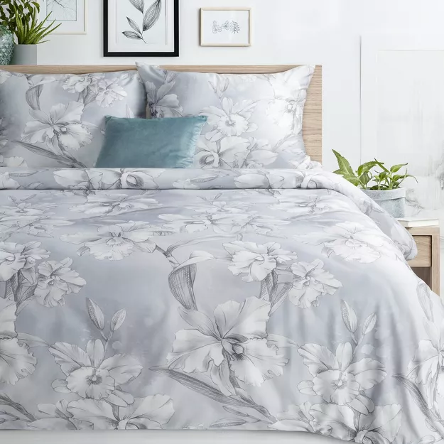 Pościel z makosatyny 160x200 PREMIUM 30 biała jasny niebieski kwiatowy wzór Premium