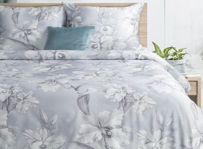 Pościel z makosatyny 160x200 PREMIUM 30 biała jasny niebieski kwiatowy wzór Premium