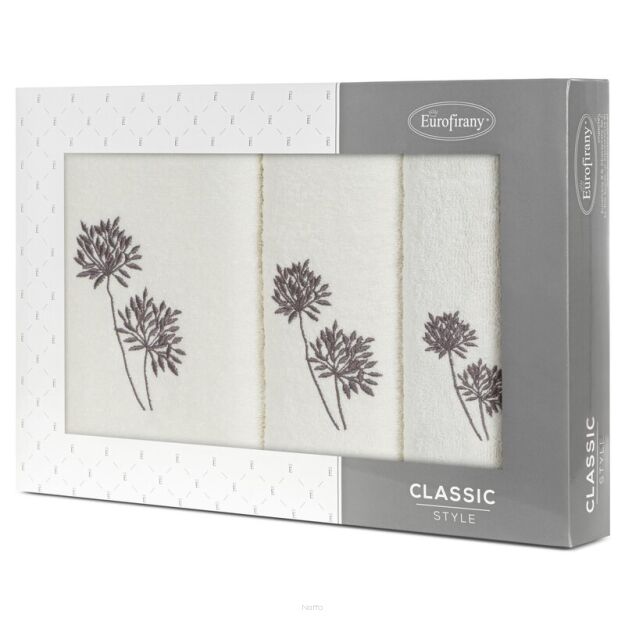 Komplet ręczników 3 szt. ACELIA kremowe z haftowanym grafitowym wzorem kwiatów facelii w kartonowym pudełku