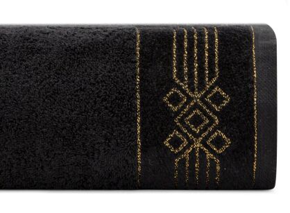 Ręcznik bawełniany 70x140 KAMELA czarny z bordiurą z geometrycznym srebrnym ornamentem