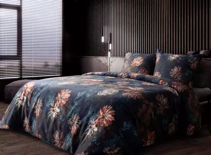 Pościel z makosatyny 220x200 REINA 50 ciemny granat rudy wzór rudych kwiatów Reina Line