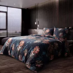 Pościel z makosatyny 220x200 REINA 50 ciemny granat rudy wzór rudych kwiatów Reina Line