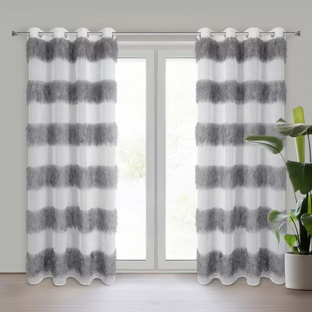 Firana na przelotkach 140x250 MARGARET 3 srebrna z etaminy z moherową kontrastową nicią w pasy