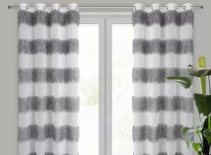 Firana na przelotkach 140x250 MARGARET 3 srebrna z etaminy z moherową kontrastową nicią w pasy