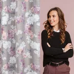 Zasłona na taśmie 140x300 SHERRY srebrna z etaminy z różowym wzorem kwiatowym - 17