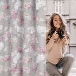 Zasłona na taśmie 140x300 SHERRY srebrna z etaminy z różowym wzorem kwiatowym - 18