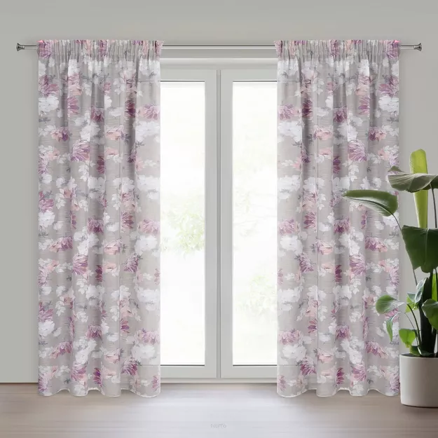 Zasłona na taśmie 140x300 SHERRY srebrna z etaminy z różowym wzorem kwiatowym