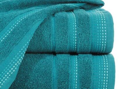Ręcznik bawełniany 70x140 POLA ciemny turkus z kolorową bordiurą zakończoną stebnowaniem