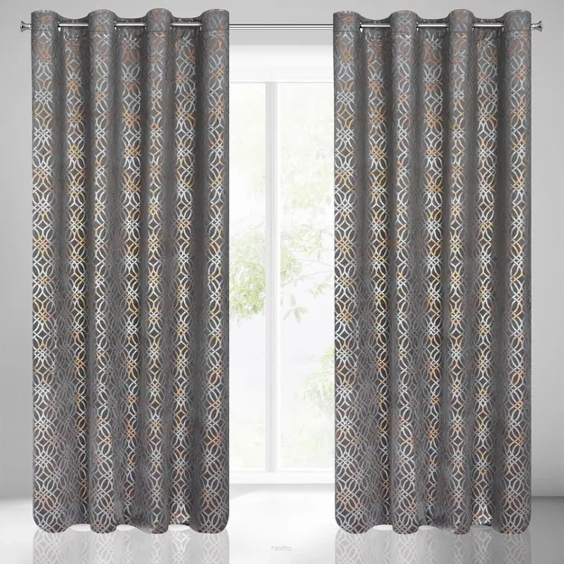 Zasłona na przelotkach 140x250 ARETA welwetowa stalowa ze srebrno złotym nadrukiem w stylu boho