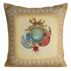 Poszewka świąteczna 45x45 4069 gobelinowa beżowa z bombkami i połyskującą nicią złotą