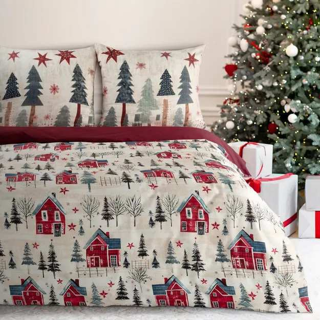 Pościel świąteczna 160x200 ASHER bordowo kremowa nadruk zimowej scenerii z satyny bawełnianej